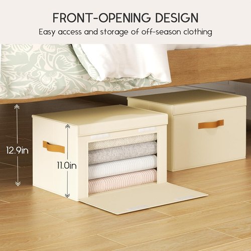 Homsorout Large Storage Bins - Front Opening Fabric Organizers with Lids, Collapsible 6-Pack in Beige
