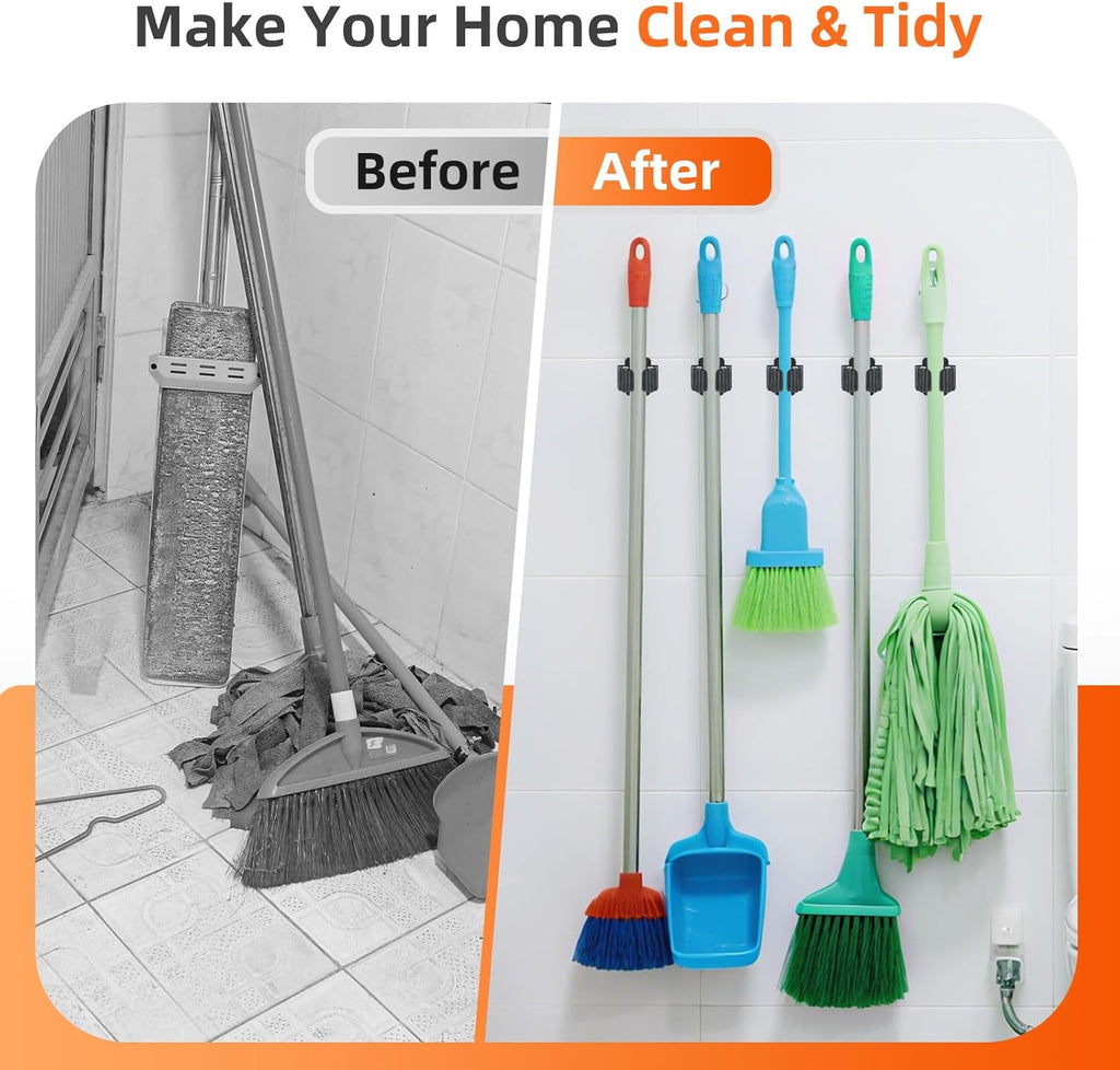 Skiennix Broom Holder Wall Mount - Upgraded Heavy-Duty Stainless Steel Mop & Broom Organizer | 5 PCS Set