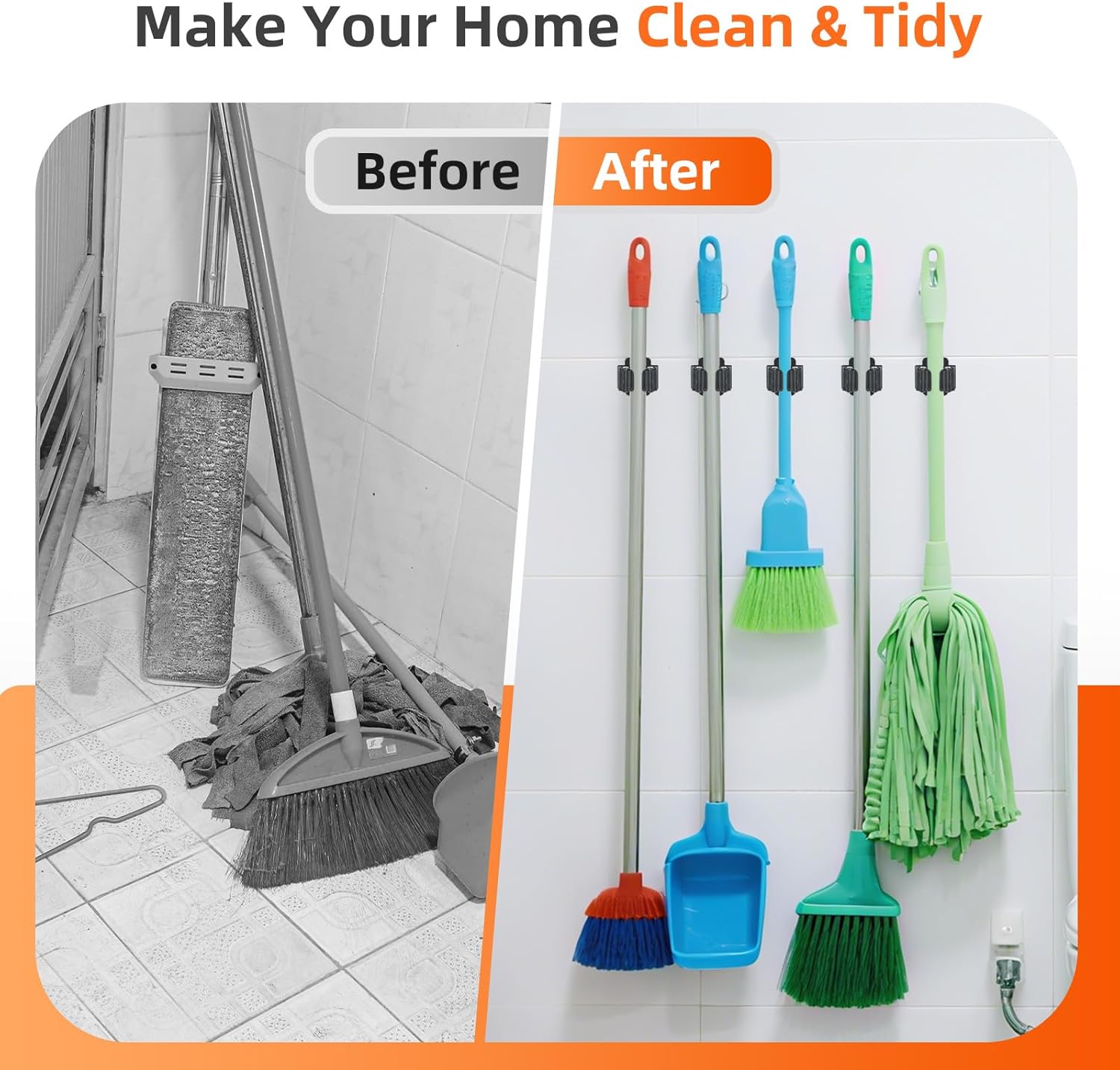 Skiennix Broom Holder Wall Mount - Upgraded Heavy-Duty Stainless Steel Mop & Broom Organizer | 5 PCS Set