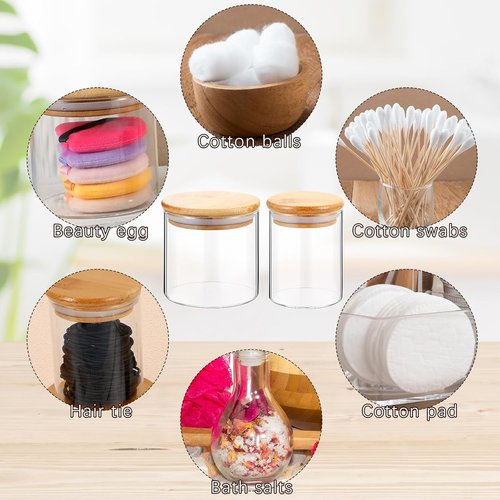 Dandat Glass Apothecary Jars - 6 Pack with Lids for Bathroom Storage | 8.5 oz & 10.8 oz Cotton Ball Dispensers