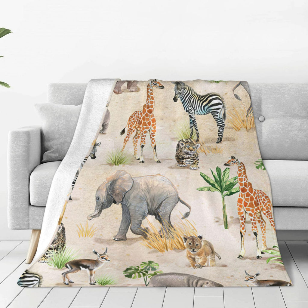 Zoo Animals Blanket African Safari Animals Elephant Tiger Giraffe Zebra Rhinoceros Decor Throw Blanket Gifts for Girls Boys Women Super Warm Soft Plush Fleece Flannel Blanket for Kids Adults 50"X40"
