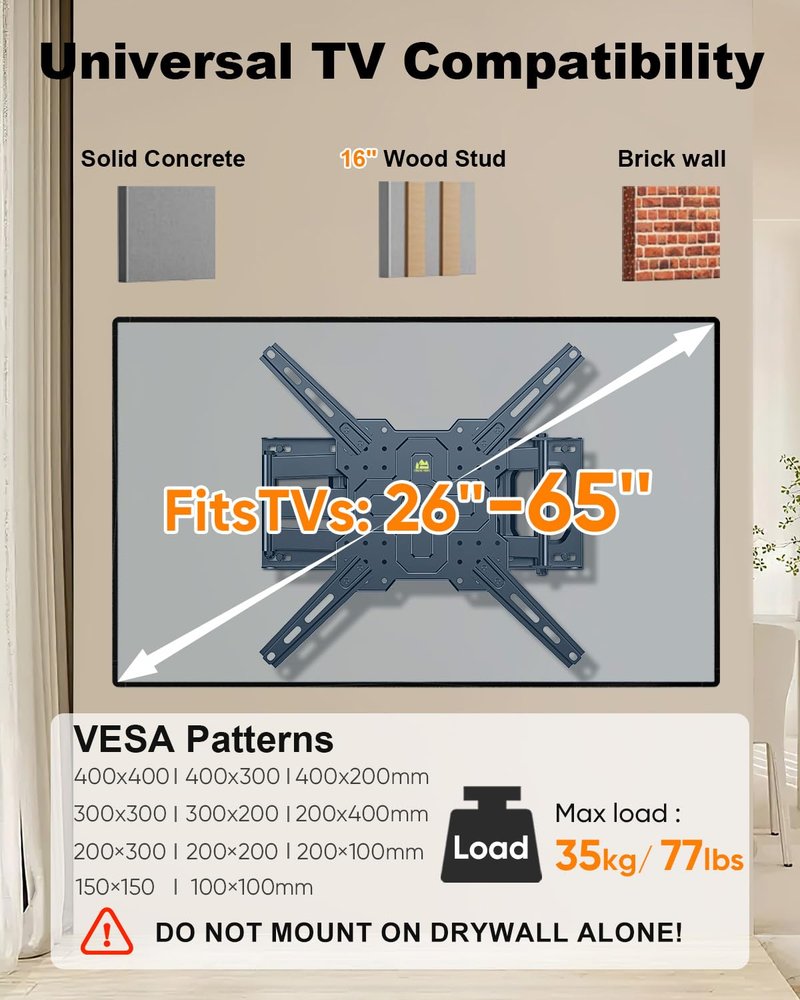 FORGING MOUNT Corner TV Mount with 25.6" Long Arm,Portrait Vertical Full Motion TV Wall Mount Swivel Tilt Articulating Arm Wall Mount Bracket for 26-65“ Screens,Load 77lbs,VESA 400x400mm,Fit 16" Stud