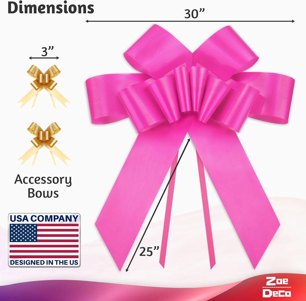 Zoe Deco - Giant Pink Car Bow - 30 Inch with 2 Gold Accessory Bows for Celebrations | Perfect for Birthdays, Weddings & Surprises