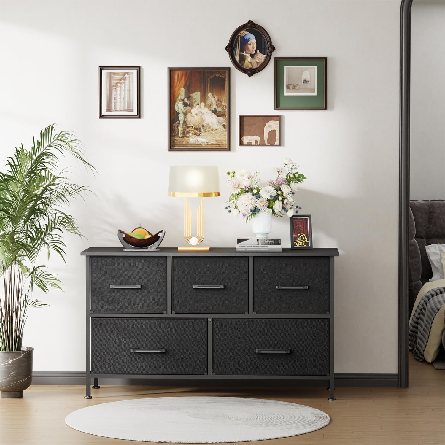 PayLessHere Fabric Dresser - Wide 5-Drawer Chest of Drawers with Metal Frame & Wood Top | Black Storage Unit for Bedroom, Living Room, Entryway
