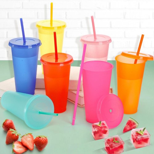Tlence 20 Pack Glitter Tumblers with Lids and Straws, 24 OZ Reusable Plastic Iced Coffee Cup, Clear Cold Water Bottle Travel Mugs Bulk for Smoothie Juices, Perfect for Parties Birthdays, Multicolors