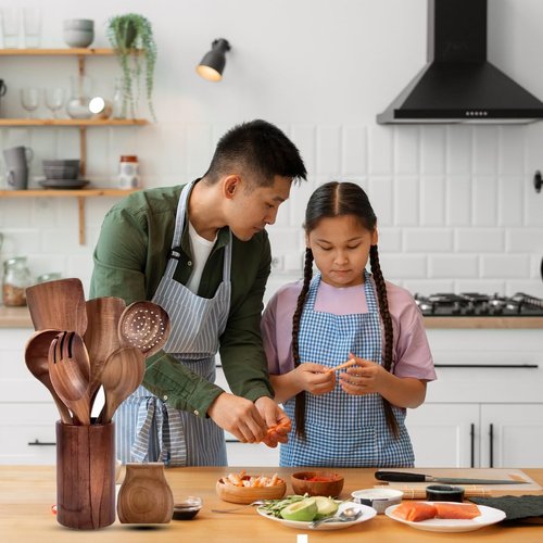 KitchenClick 9-Piece Wooden Spoons for Cooking – Teak Wooden Utensil Set with Hooks, Spoon Rest, Holder & Gloves, Nonstick & Heat-Resistant Wooden Cooking Utensils, Durable Spoon Set for Kitchen