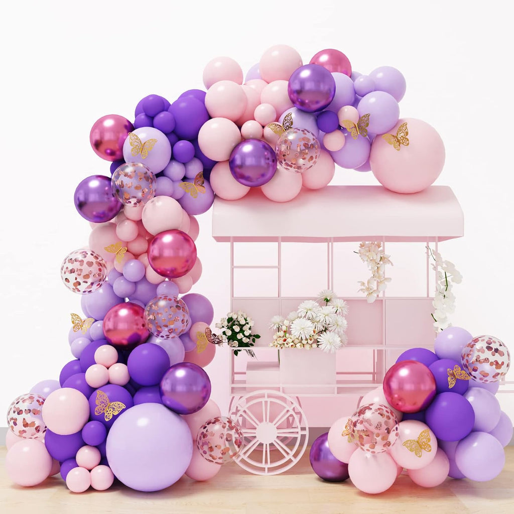 RUBFAC 143-Piece Pink & Purple Balloon Garland Kit - Butterfly Decorations for Baby Showers & Parties