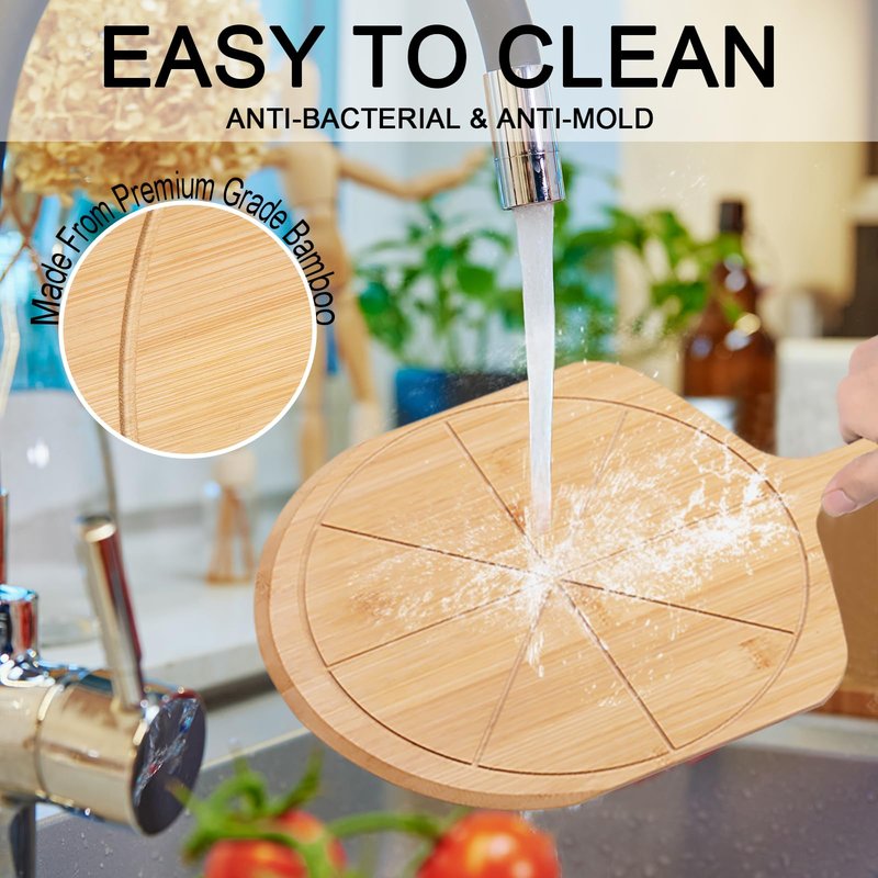 Tvorvik Bamboo Pizza Peel - 18.5"x12.2" with 12" Pizza Cutting Board, Pizza Paddle Spatula with 8 Slice Grooves, also fit for Cheese Bread Fruit Vegetables