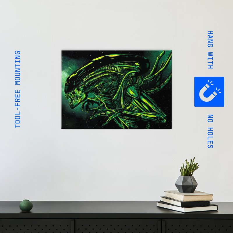 Displate Metal Poster Alien - Black And Green Alien - Easy Magnetic Mounting – Collectible Gift for Horror Fans – Fantasy Wall Art Room Decor Science Fiction Movie Posters - 12.6x17.7 in