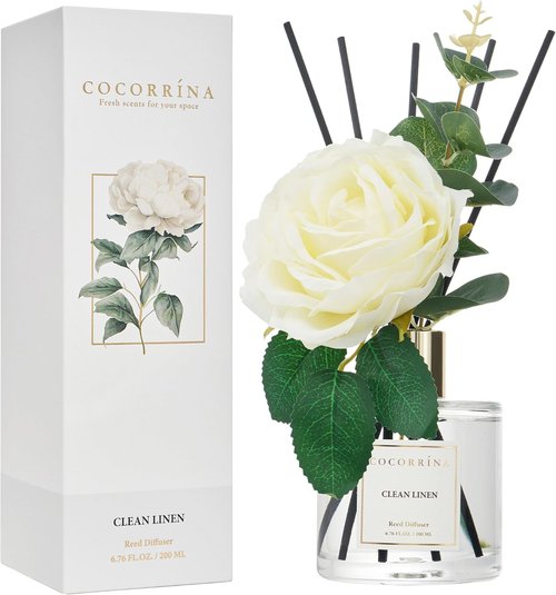 Cocorrína Flower Reed Diffuser - Clean Linen 6.7oz Scented Oil with Sticks | Elegant Home Fragrance Decor