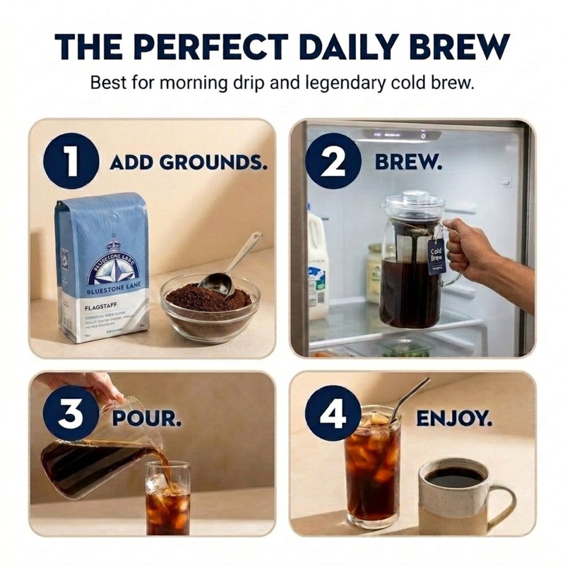 Bluestone Lane Flagstaff Ground Coffee, Medium Roast, Filter & Cold Brew Blend, 12 Ounce Bag
