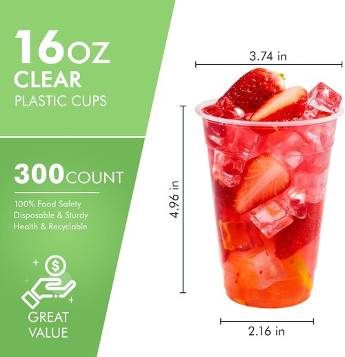 FOCUSLINE 16 oz Clear Plastic Cups - 300 Pack Disposable Drinking Cups for Water, Juice & More