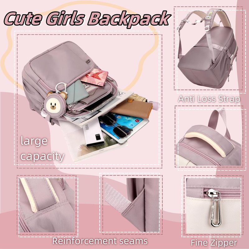 EKUIZAI Girls Aesthetic Backpack Elementary Middle Cute Schoolbag Classic Girls Backpack with Charms