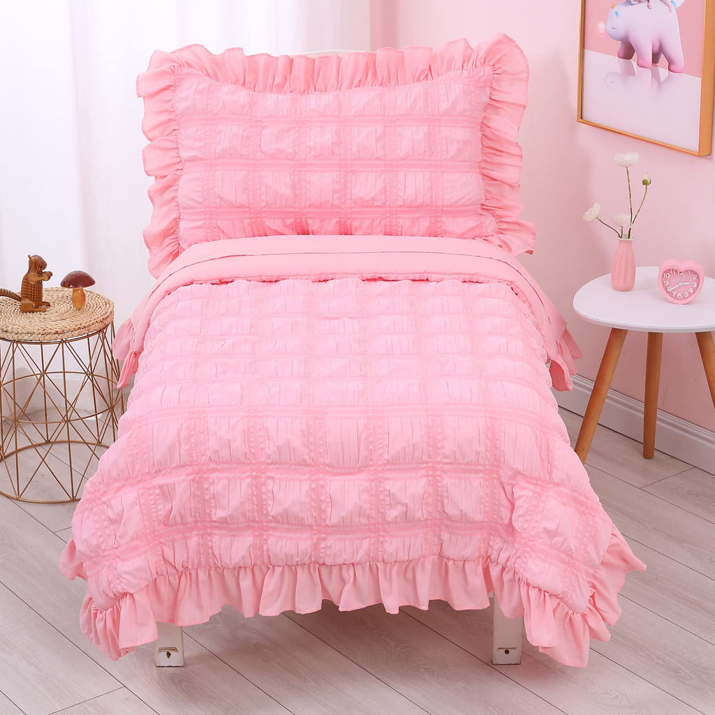 Cloele 4 Pieces Toddler Bedding Set for Girls - Solid Seersucker Toddler Sheet Set with Ruffle Fringe Includes Quilt Fitted Sheet Flat Sheet Pillowcase - Girls Pink Toddler Comforter & Sheet Set
