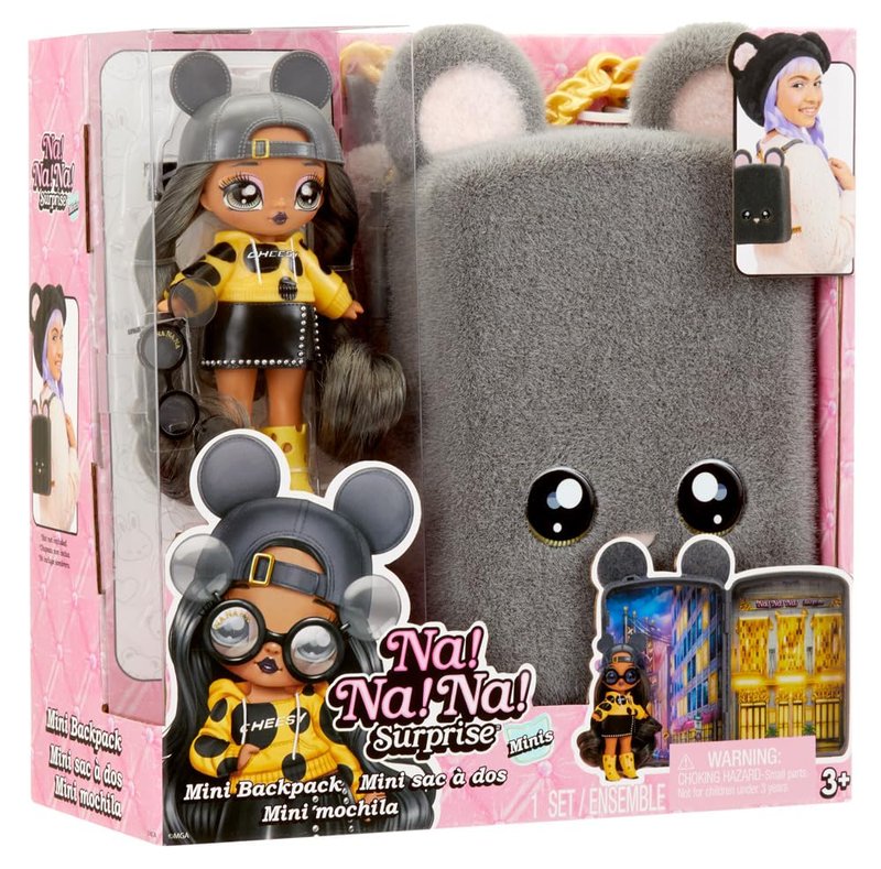 Na Na Na Surprise Mini Backpack Series 2 Marisa Mouse Fashion Doll, Fuzzy Gray Mouse Backpack, Gift for Kids, Ages 4 5 6 7 8+ Years