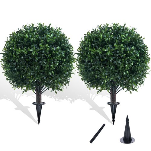 Chillchard Artificial Boxwood Topiary Ball Bush for Outdoor with Spike, UV Resistant Faux Boxwood Ball Tree with Stake for Outside Set of 2, Weatherproof Round Fake Shrubs for Entryway Front Porch