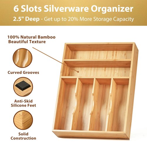 Umilife Kitchen Drawer Organizer, 12 Inch Silverware Utensil Tray Holder, Extra Deep, with Non-Slip Feet & Grooved Drawer Divider, 6 Slots Total Bamboo Wood Caddy for Flatware Cutlery Knives