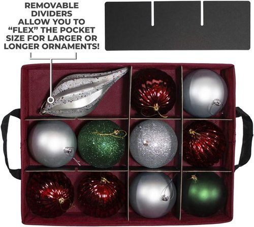 612 Vermont Christmas Ornament Storage Box - Adjustable Acid-Free Dividers, 3 Removable Trays | 17" x 13" x 13", Holds 36-4" Ornaments