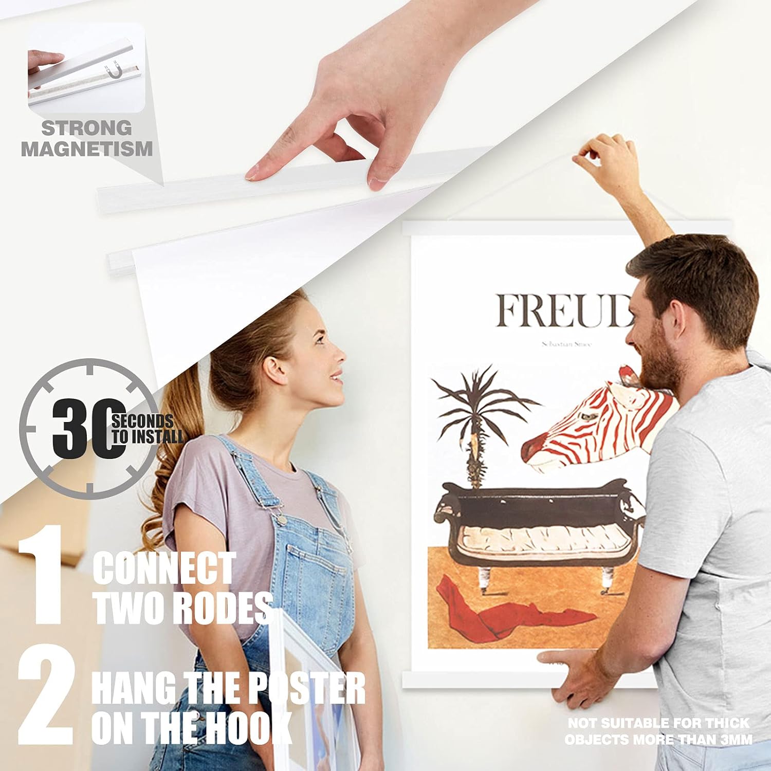 Ywlake Magnetic Poster Hanger - Wood Frame for 9x12, 9x14, 9x17 Posters | White Hanging Kit for Artwork