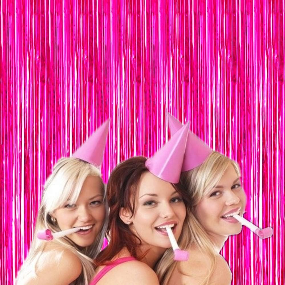 Shiny Hot Pink Metallic Tinsel Foil Fringe Curtains | 2 Pcs 3.2ft x 8.2ft Backdrop for Parties & Celebrations