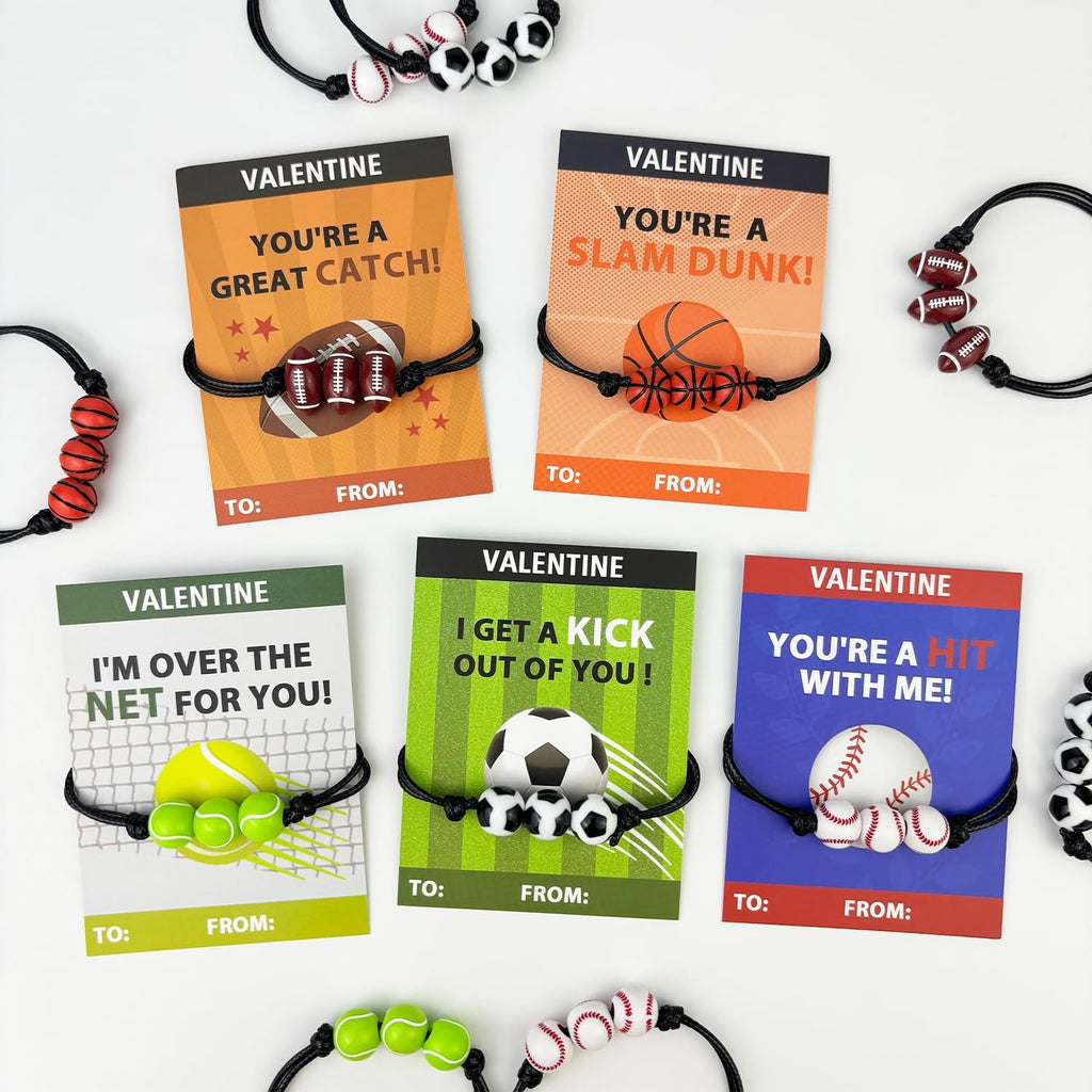 Skiennix Sports Valentine's Day Gift Cards - 30 Pack Adjustable Bracelets for Kids | Non-Candy Treats & Party Favors
