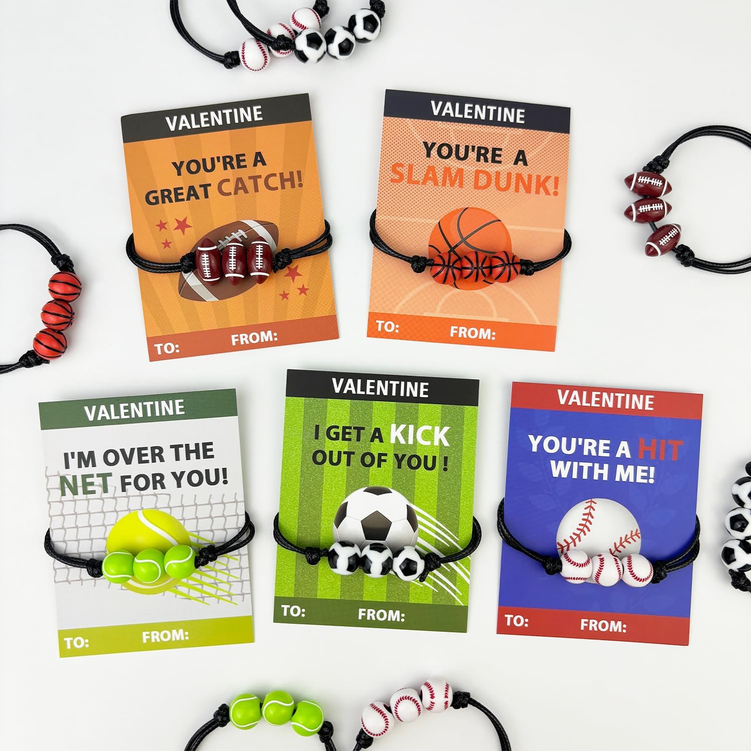 Skiennix Sports Valentine's Day Gift Cards - 30 Pack Adjustable Bracelets for Kids | Non-Candy Treats & Party Favors