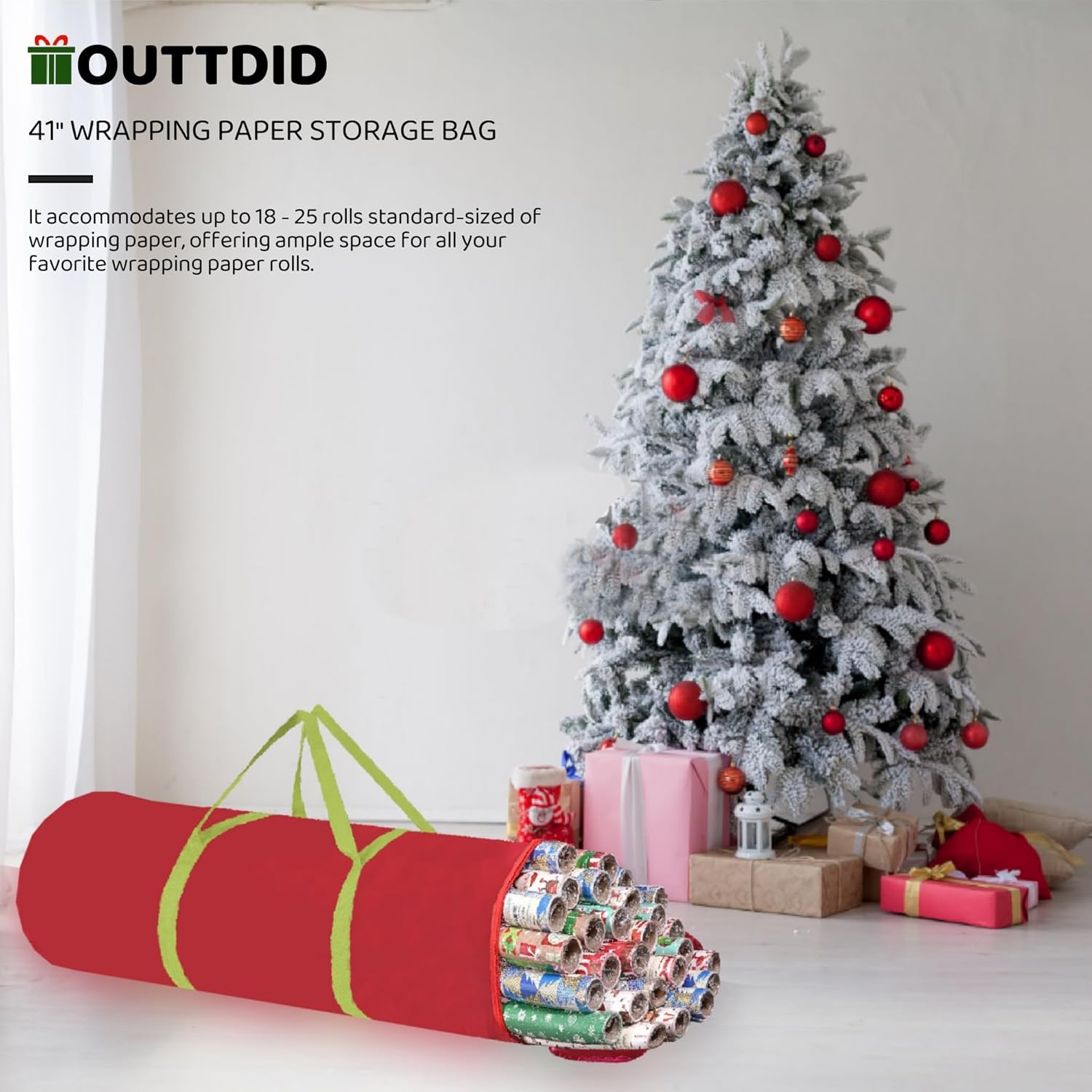 OUTTDID Christmas Wrapping Paper Organizer - 41" Storage for 18-25 Rolls | Durable 600D Oxford Fabric, Red with Handles & Zipper