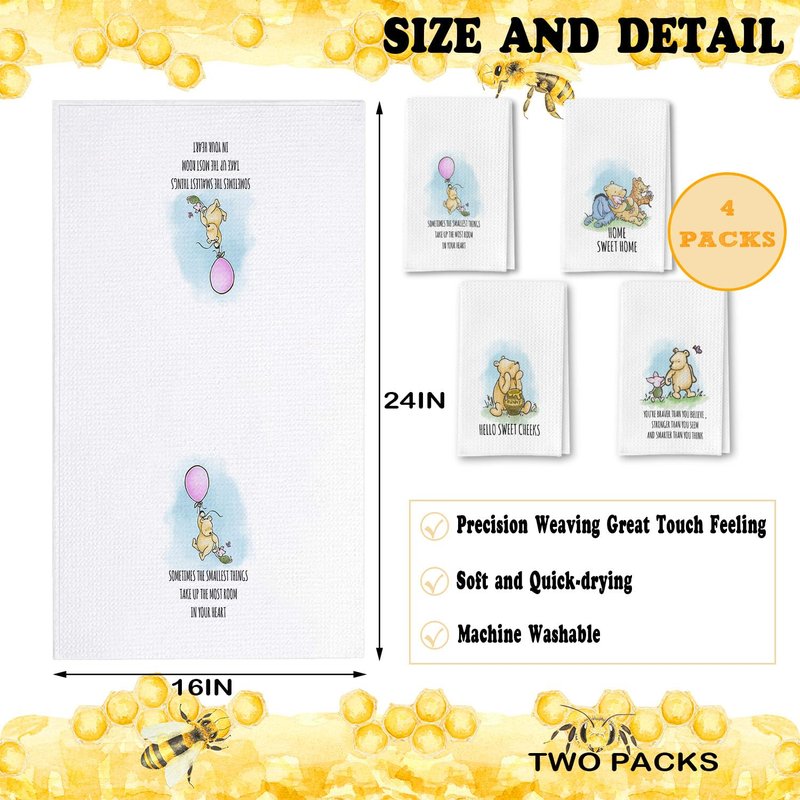 QZCYU Winnie Themed Culinary Linens Set of 4 - Pooh Bear Decor Accents for Kitchen & Bath Spaces - Dishcloths for Culinary Essentials - Charming Presents for Female Enthusiasts