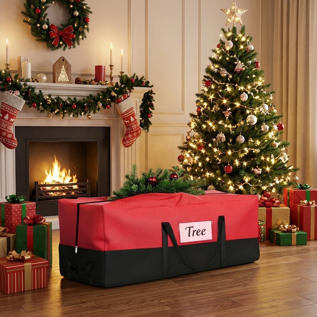 PLTCAT Christmas Tree Storage Bag - Heavy-Duty 10-12 Ft Artificial Tree Container with Zipper & Transparent Pocket - Red