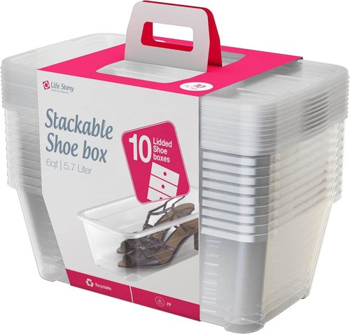 Life Story 10-Pack Plastic Storage Boxes - Stackable Shoe Organizer Totes, 6L Clear Bins with Lids for Home Organization