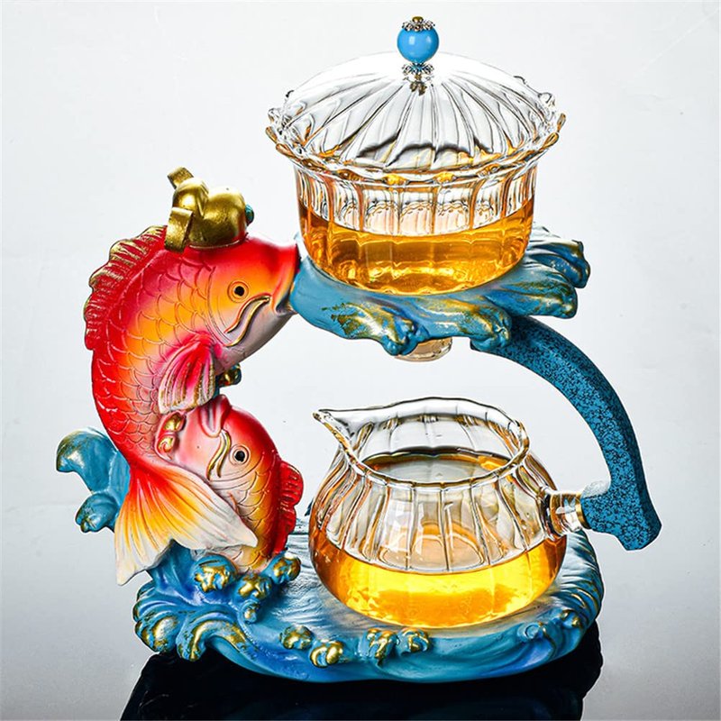 MOZEO Creative Full Semi-automatic Tea Set Glass Lazy Kung Fu Teacup set Heat-resistant Tea Maker Pot Teapot (Fish Teapot)