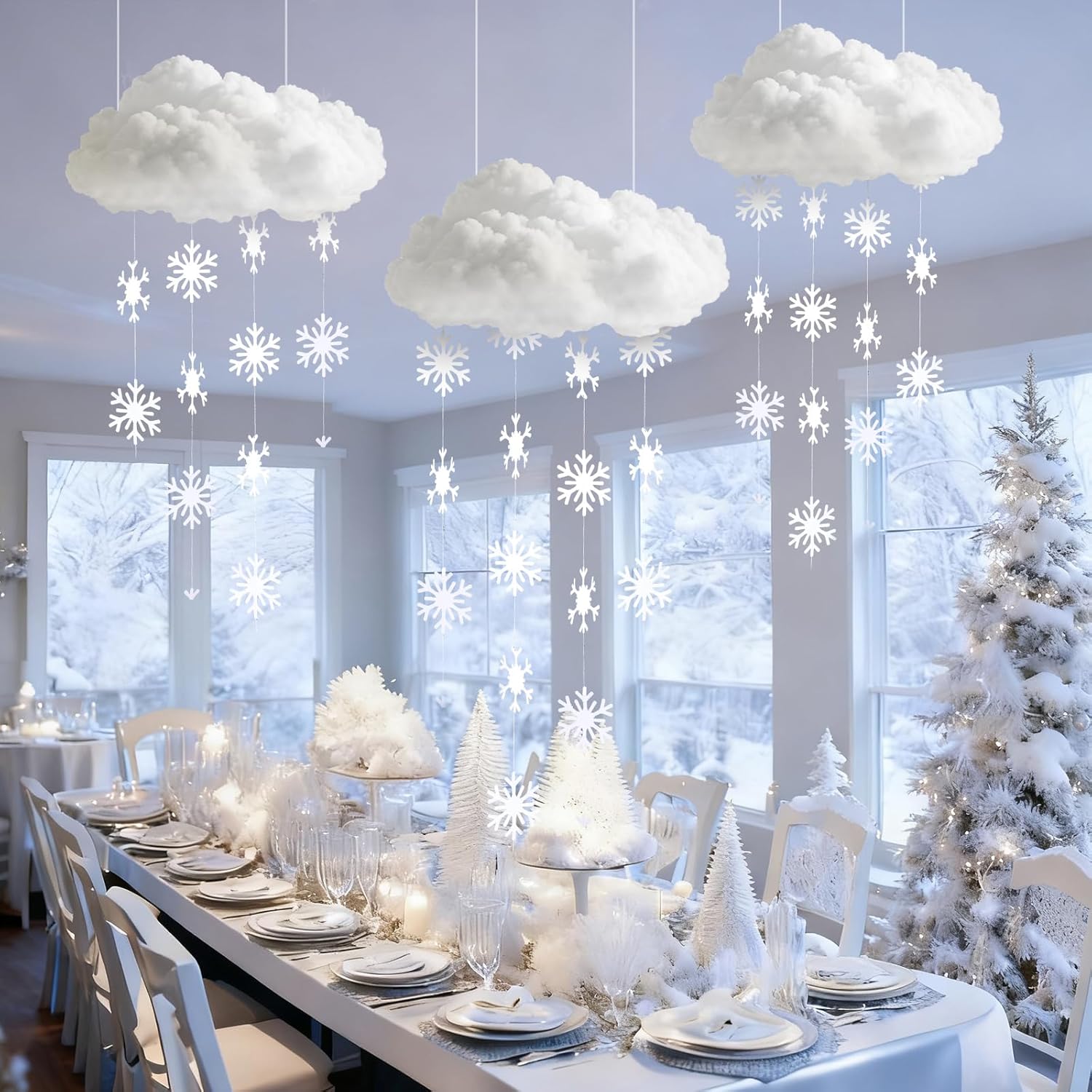Wettarn 18 Pcs Winter Cloud Decorations - 3D Large Hanging Ornaments with Snowflakes for Parties
