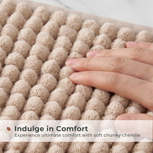 FRESHMINT Thick Chunky Chenille Bathroom Rug - Soft Non-Slip Bath Mat | 17"x24", Beige, Washable