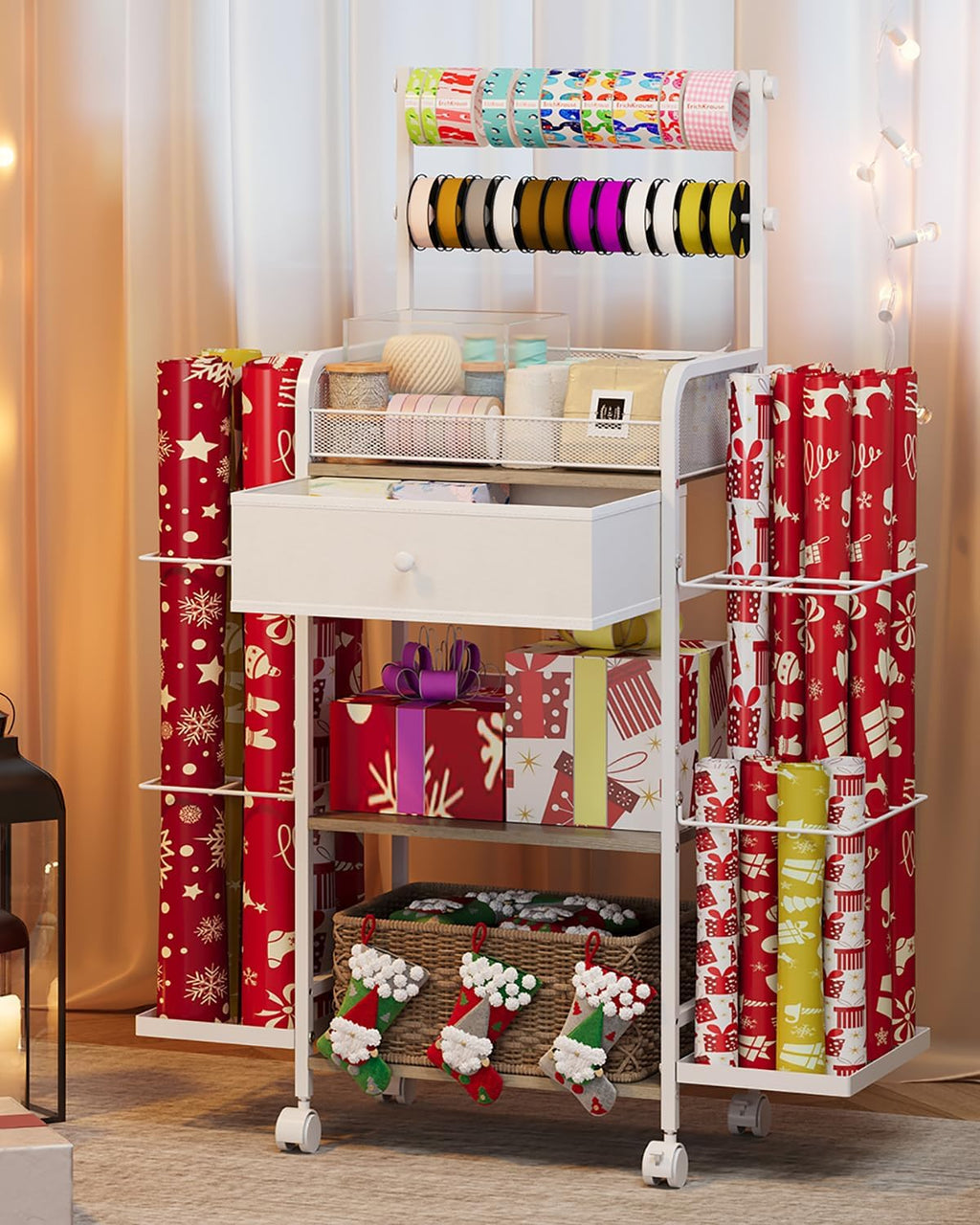 Rsaayekkt Wrapping Paper Storage Cart - Rolling Gift Wrap Station with Fabric Drawer & Ribbon Holder