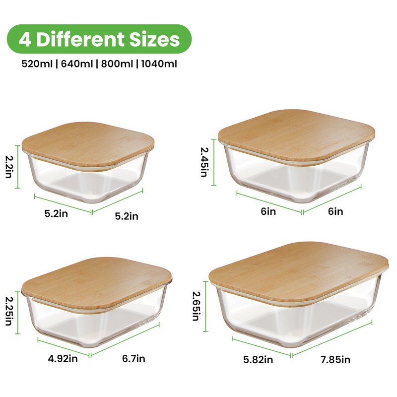 4 Pack Glass Food Storage Containers with Bamboo Lids, Meal Prep Glass Tupperware with Wooden Lid – Dishwasher & Microwave Safe, Plastic Free, BPA Free