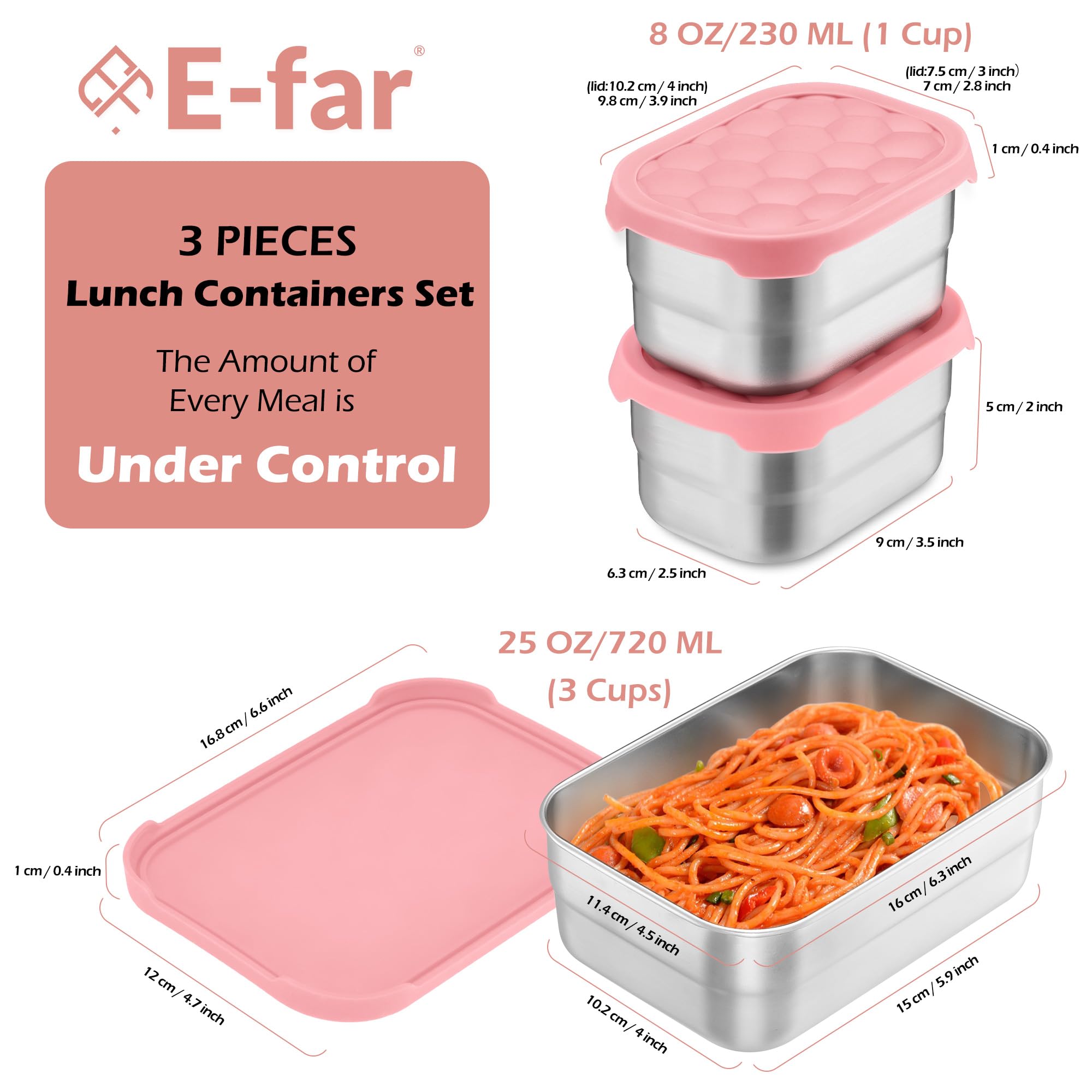 E-far Stainless Steel Lunch Containers for Kids, 3-Piece (8OZx2 & 25OZ) Bento Box Snack Food Container with Leak-proof Silicone Lid, Metal Storage for Toddlers Child School Picnic, Pink