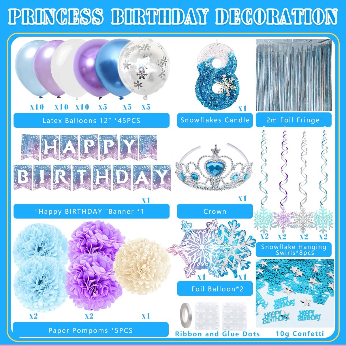 Regine Switzerland Birthday Decorations | 8th Birthday Party Supplies with Balloons, Crown & Banner
