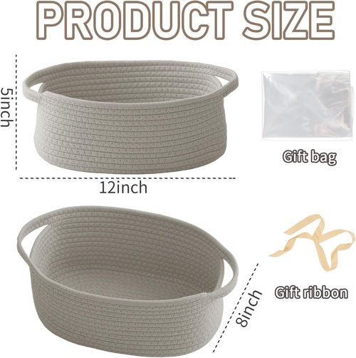 JMvicyroam Woven Basket - Small Rope Storage Bin with Handles | Grey 2-Pack for Organizing Shelves and Closets