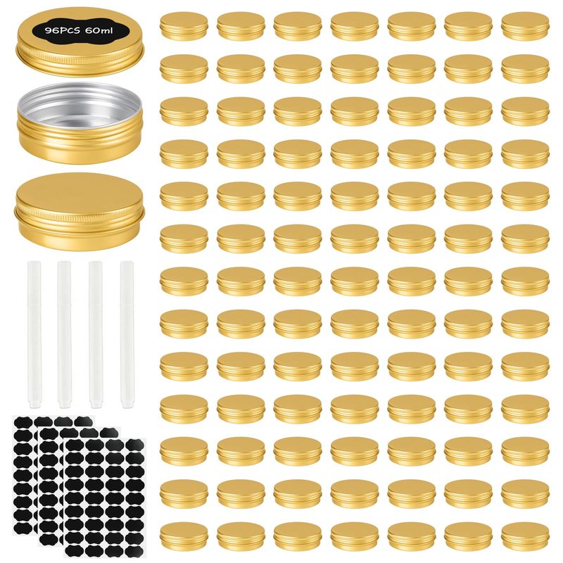 OBKJJ 96 Pack Round Cans with Screw Lid 2 Oz Aluminum Metal Tins DIY Food Candle Containers for Lotion Bars, Balms, Salve, Spices, Beard Balm, Crafts with 4 Markers 3 Sheets Label Stickers (Gold)