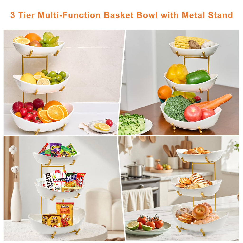 Lifevc Fruit Bowl for Kitchen Counter,3 Tier Fruit Holder with Gold Metal Stand, Tiered Fruit Basket for Fruit Vegetable Storage, Snack, Nuts, Cake, Dessert (White)