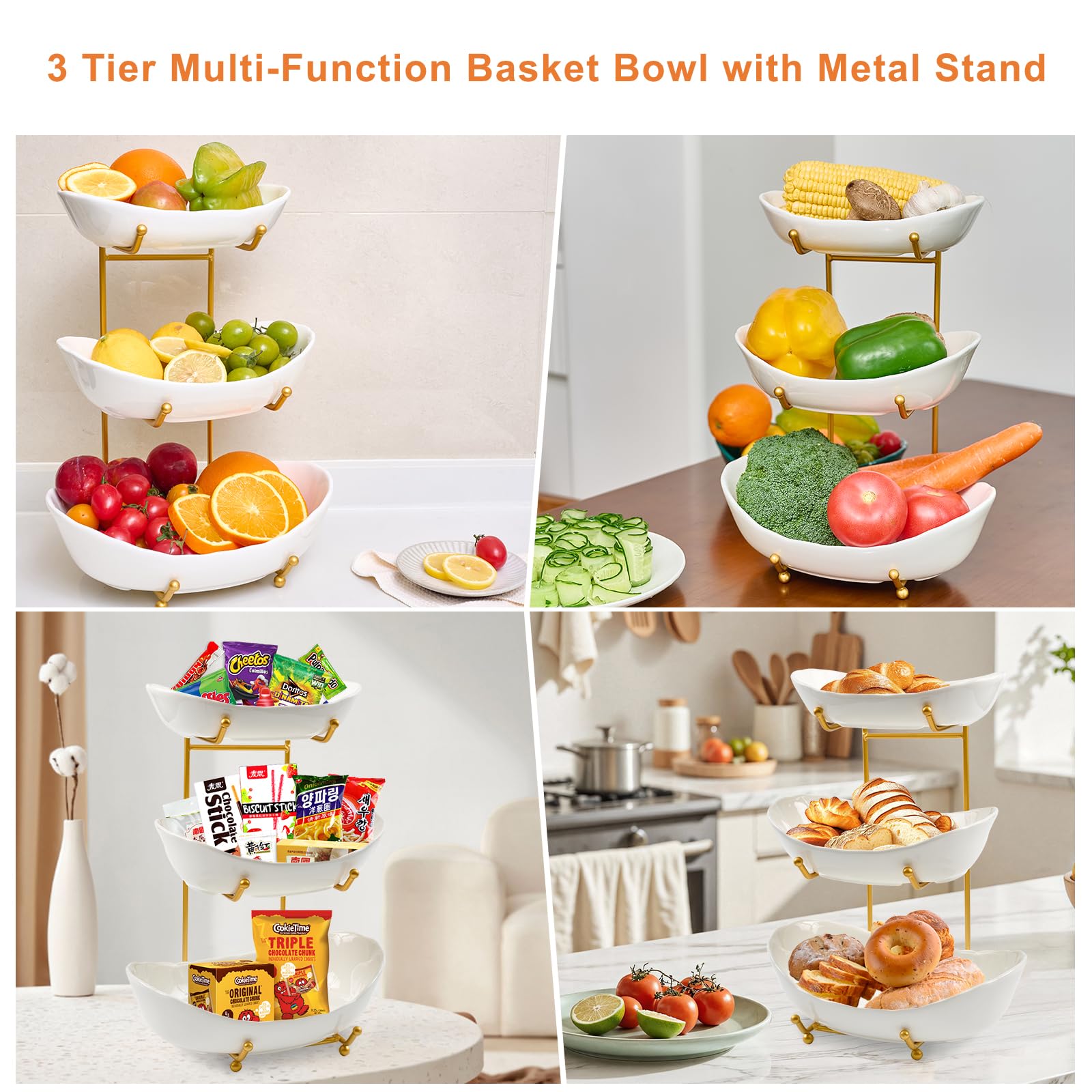 Lifevc Fruit Bowl for Kitchen Counter,3 Tier Fruit Holder with Gold Metal Stand, Tiered Fruit Basket for Fruit Vegetable Storage, Snack, Nuts, Cake, Dessert (White)