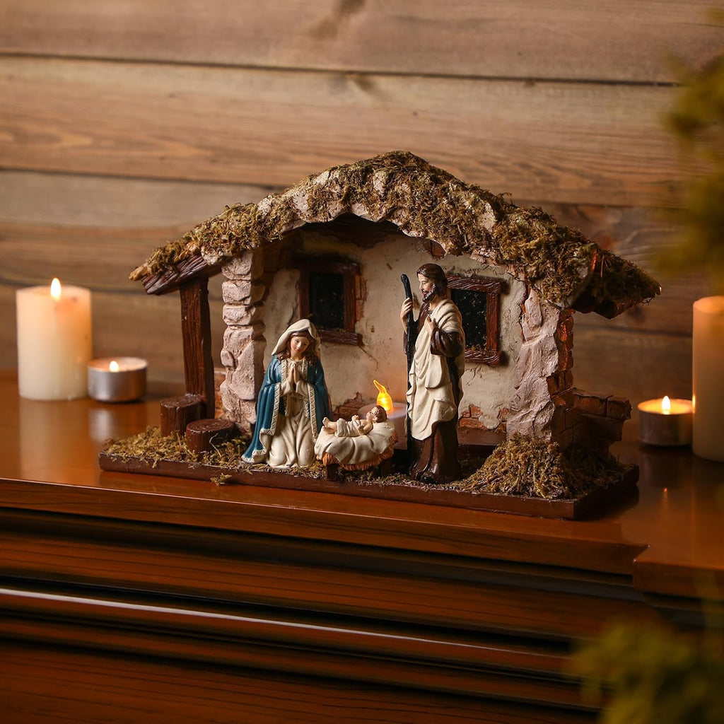 Barydat Christmas Nativity Scene - Realistic Resin Manger with Moss Roof | 10 x 7.87 x 5 Inches