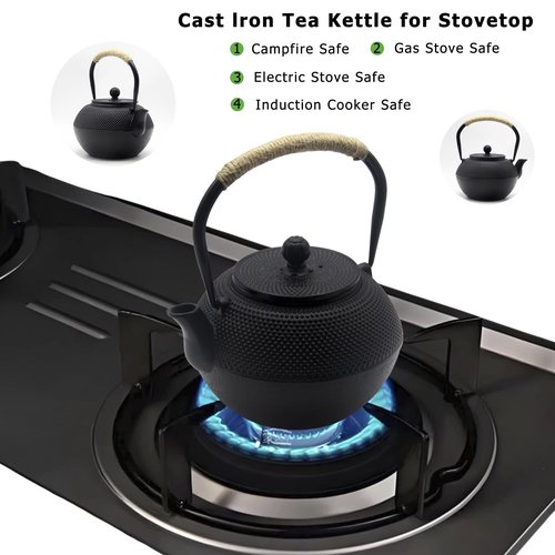 YJX 40.6 fl oz Cast Iron Teapot Set, Japanese Tetsubin Tea Set with Cast Iron Teacups, Small Tea Kettle Set with Strainer for Loose Tea, Enameled Interior (1200ml Tea Set with Cups and Saucers)
