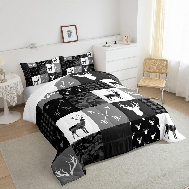 Deer Silhouette Comforter Set Queen Size,Camo Western Rustic Farmhouse Xmas Bedding Set 3pcs for Kids Teens Home Room Decor,Antlers Arrow Geometric Quilt Set,Black Grey Duvet Insert,2 Pillowcases