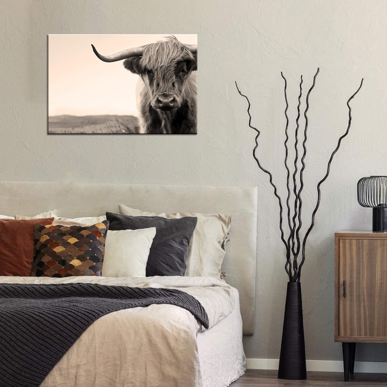 Biuteawal Farm Animal Wall Art Highland Cow with Long Horns Picture Print on Canvas Cattle Painting for Home Farmhouse Wall Decor Ready to Hang