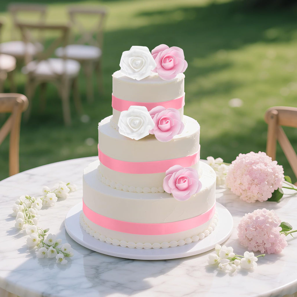 4 Tiers Foam Cake Dummies Set 4" 6" 8" 10", PLULON White Round Practice Cake Dummy 12 Inch Tall with Artificial Roses and Ribbons for Wedding Baby Shower Birthday Anniversary Christmas Party Supplies