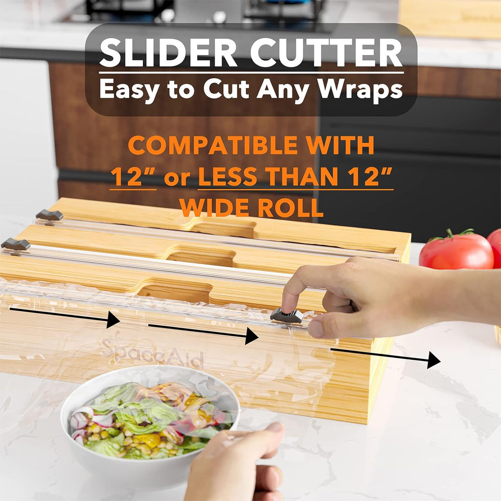 SpaceAid WrapNeat 3-in-1 Wrap Organizer - Cutter & Labels for Kitchen Storage | Fits 12" Rolls (Natural)