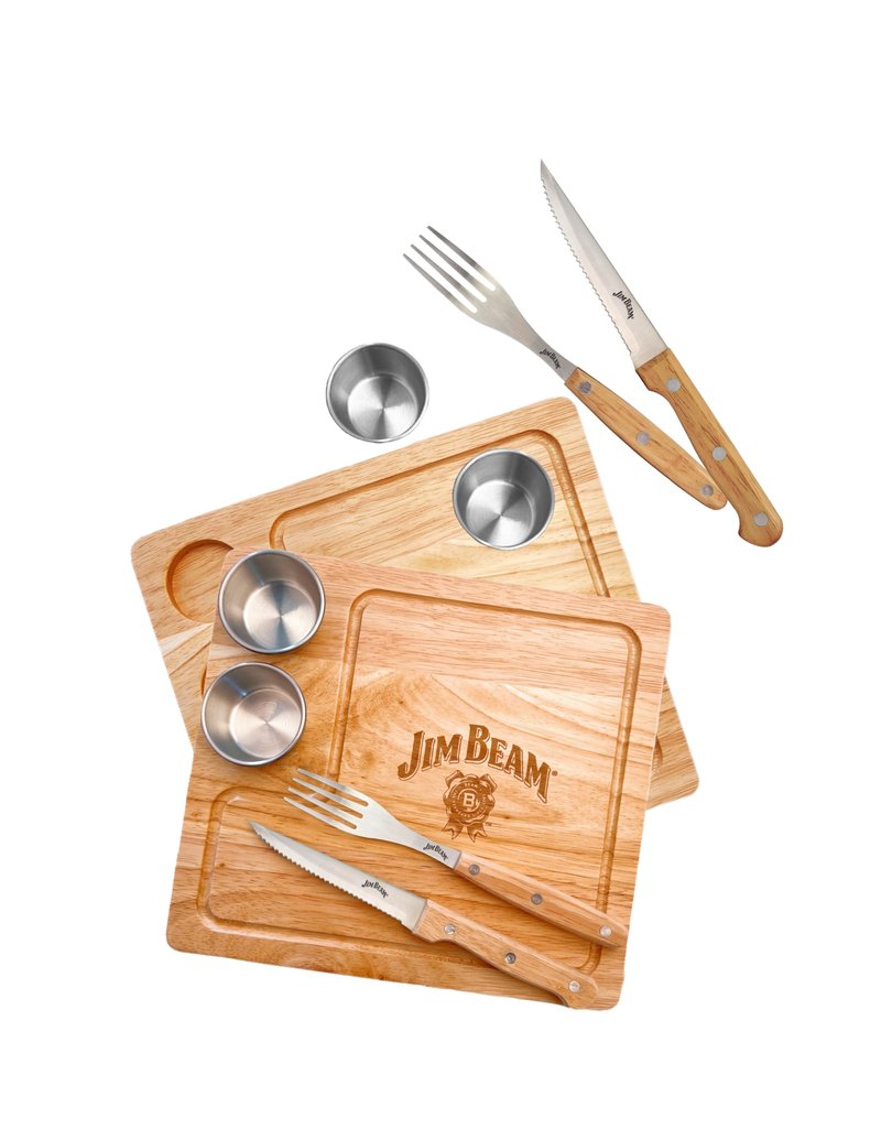 Jim Beam® 2 Pack Steak Serving Set - Durable Para-wood Serving Boards, Built-in Drip Grooves, Anti-Skid Feet, Service for Two, Includes Forks, Knives, and Sauce Cups, Board Size 10" x 9" x 0.4"