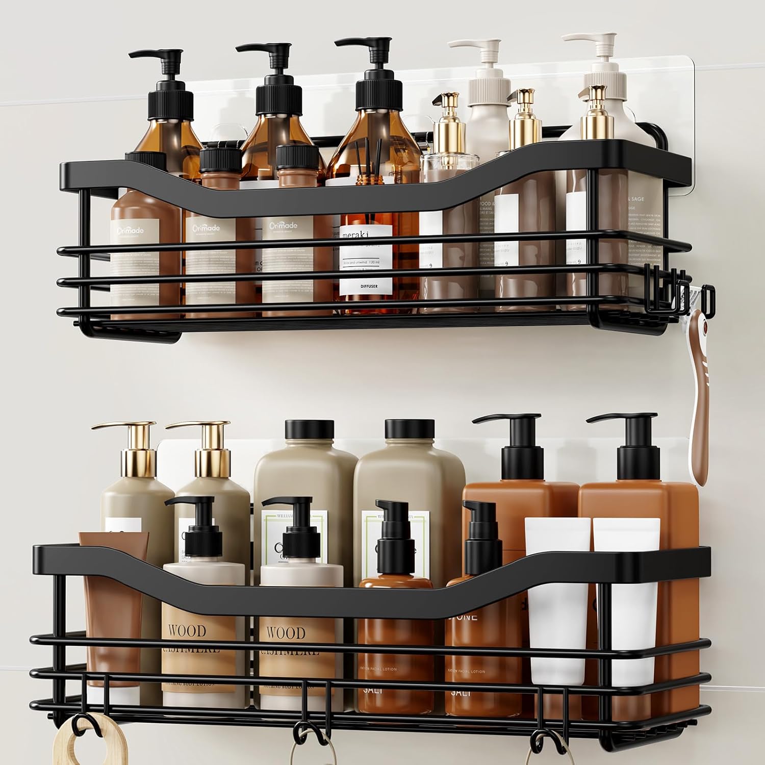 Orimade Adhesive Shower Caddy Shelf - Rust Resistant Wall Mounted Organizer with 5 Hooks | 2 Pack, Black