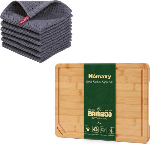 Homaxy 100% Cotton Waffle Weave Kitchen Dish Cloths - 12x12 Inches, Dark Grey | Extra Large Bamboo Cutting Board - 18x12 Inches